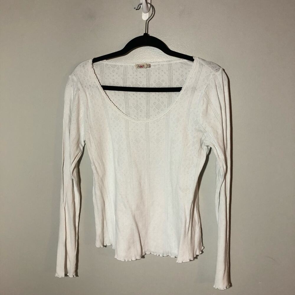 Faherty womens pointelle lace white long sleeve top scoop neck sz L cottagecore